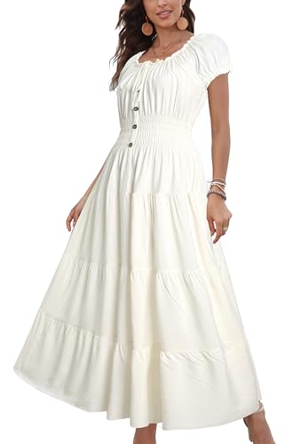 Image of Women's Boho Floral Maxi Dress, Short Sleeve Smocked Tiered Summer Casual Beach Dress