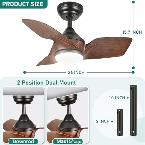 DWVO 26 Inch Ceiling Fans with Light and Remote, Small Modern Black Ceiling Fan with 3 Blades, 6 Speeds, 3 Colors Dimmable for Bedroom Patio Kitchen, DC Quiet Motor, Memory Function, Walnut