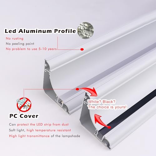 Canale LED con profilo in alluminio con connettore angolare, alloggiamento per striscia luminosa da soffitto, canale lineare per strisce LED, installazione interna, 1,8 m (larghezza 2 2/5")