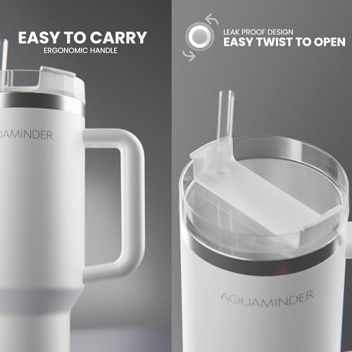 Image of Aquaminder Smart Tumbler with lid and Straw 1200ml Cup Holder Car Gym Yoga Travel Stainless Steel Vacuum SS304 Flask Mug (White)