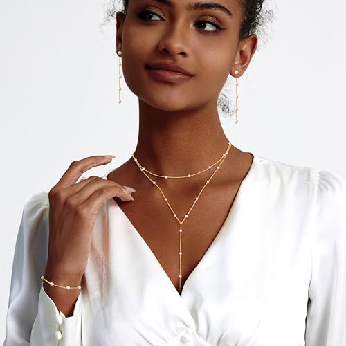 Image of Zeffy Gold Pearl Necklace for Women, Dainty 14K Gold /Silve Plated Layered Pearl Choker Pearl Earrings Pearl Bracelets Wedding Trendy Gold Jewelry Set for Women Gifts