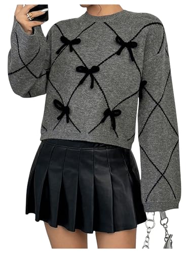 GORGLITTER Women's Drop Shoulder Sweater with Bow Crew Neck Long Sleeve Pullover Sweaters