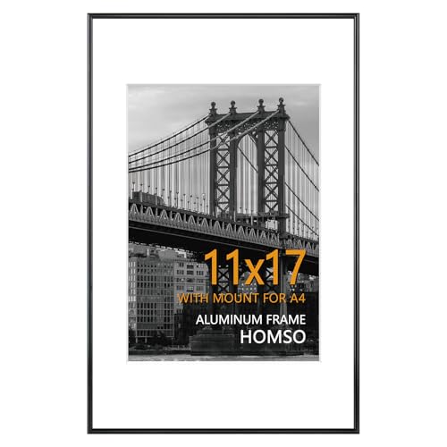 Homso 11 x 17 Frame in Black, Metal Thin Board 11x17 Picture Frame with Acrylic Plexiglass for Pictures A4 with Mat or 11x17 without Mat for Horizontal and Vertical by Homso - Used condition - US$17.09