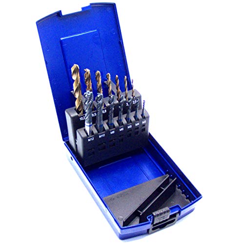 WSH-TOOLS Maschinengewindebohrer Set Blauring Sackloch M3, M4, M5, M6, M8, M10, M12 HSSE-Co5 14-teilig inkl. Kernlochbohrern Cover