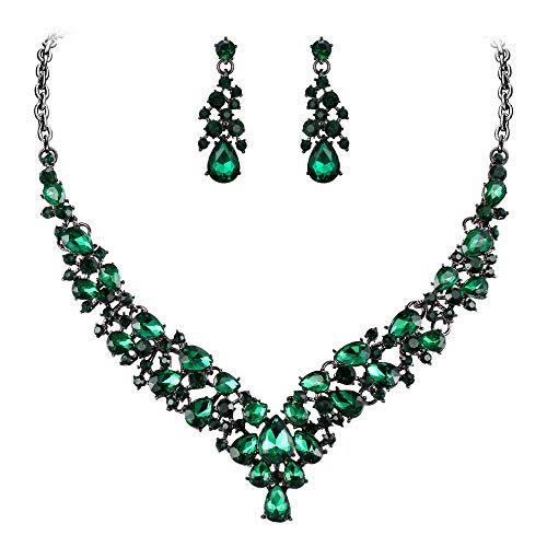 Flyonce Women's Crystal Wedding Bridal Teardrop Cluster Necklace Earrings Jewelry Set Green Black-Tone