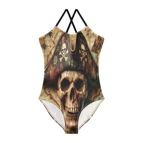 Pirate Skull Treasure Map Toddlers Bathing Suits Girls, Girls Athletic Swimsuit, Beach Swim Suits Kids