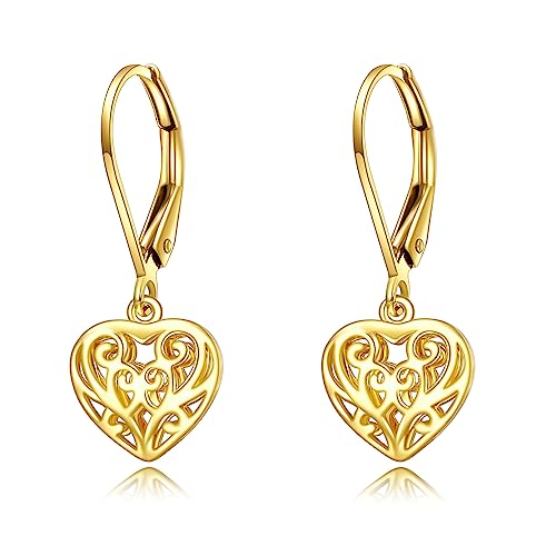 Love Ring 14K Solid Yellow Gold Heart Dangle Leverback Earrings