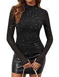 LOMON Glitter Top for Women Mesh Tops Long Sleeve Sheer Blouses Sparkly Tops Club Tee Shirts Sexy See Through Tee Black L