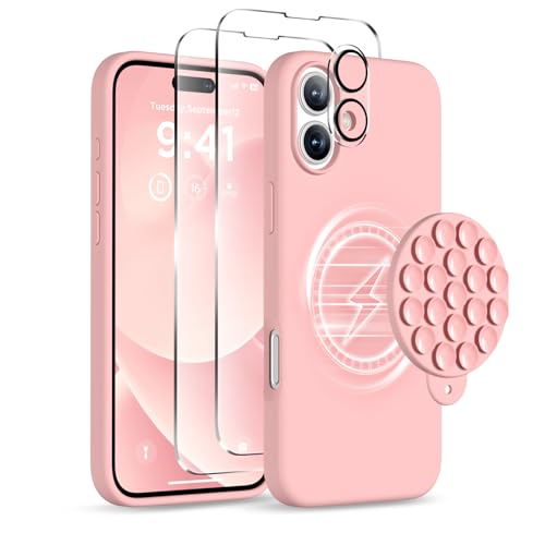 Image of Magnetic for iPhone 16 Case, Compatible with Magsafe, Suction Cup Phone Mount, [2 Screen Protectors][Camera Lens Protector] Silicone Shockproof Protective Slim Phone Cover 6.1 inch, Peach Pink