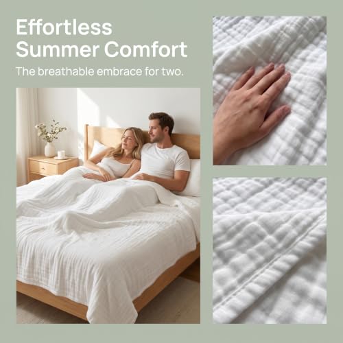 Image of SANACYNA King 100% Cotton Muslin Blanket for All Seasons 6-Layer Gauze | Breathable, Soft & Lightweight, Pure White, Crinkle Texture, for Bed, Couch, Throw, Shawl, Outdoor Use Travel