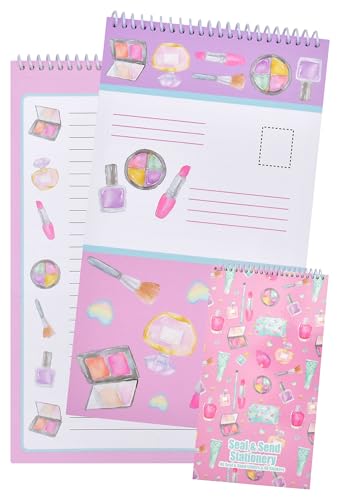 Image of iscream Fold and Send Girls Stationery Card Pad with Seals - Makeup Counter | 40 Pack, Pretty Print, Spiral Bound, Large 10.5 inch x 5.75 inch Cards, Coordinating Sticker Sheets, Fold and Send, Summer Camp Ready
