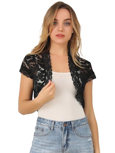 Allegra K Women's Lace Cardigan Open Front Elegant Short Sleeve Sheer Floral Cropped Bolero Lace Shrug Top