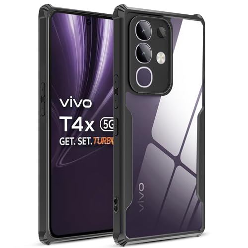 Image of A rtistque Clear Hard Transparent Back Case Cover for Vivo T4x 5G / iQoo Z10x 5G | Stylish Ring Holder & Inbuilt Stand | Shockproof TPU Protective Design | 360 Degree | Vivo T4x 5G Back Cover - Black