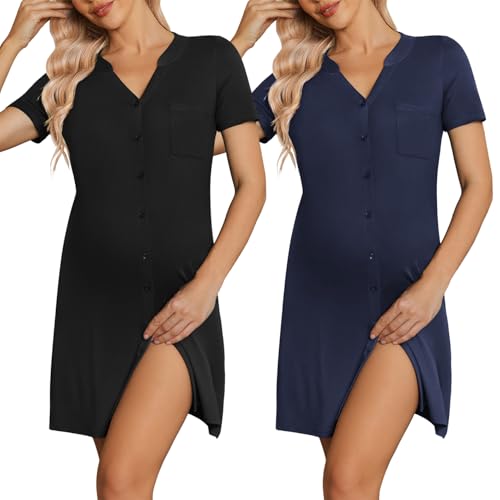 Image of Ekouaer 2 Pack Labor/Delivery/Hospital Gown 3 in 1 Maternity Dress V Neck Nursing Nightgown Postpartum Pajamas with Button