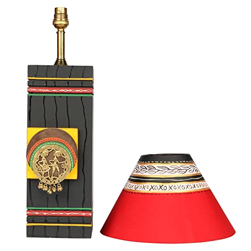 Image of AAKRITI ART CREATIONS MDF Board Table Lamp for Study Room, Bedroom & Living Room Decoration | Dhokra Dhokra Tribal Motif Bedside Lamp with Cotton Fabric Shade | Aesthetic Night Lamp