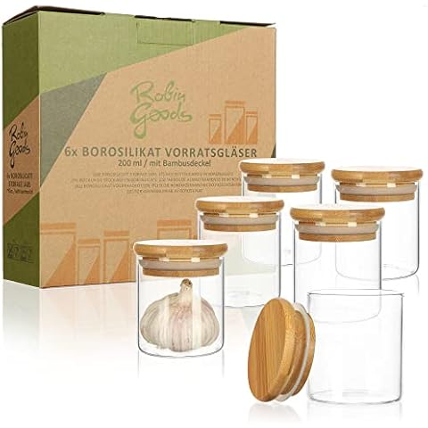 Robin Goods® 6x Storage jars with bamboo lids 200ml - storage jars for spices made of reinforced borosilicate glass - airtight storage jars - reusable round box (06 pieces - 200ml) Cover