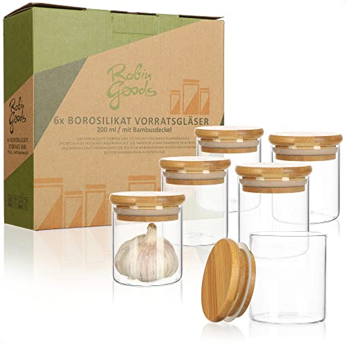 Robin Goods® 6x Vorratsglas mit Bambus-Deckel 200ml - Vorratsgläser für Gewürze aus verstärktem Borosilikatglas - luftdichte Aufbewahrungsgläser - Mehrweg-Runddose 0,2L (06 Stück - 200ml) Cover