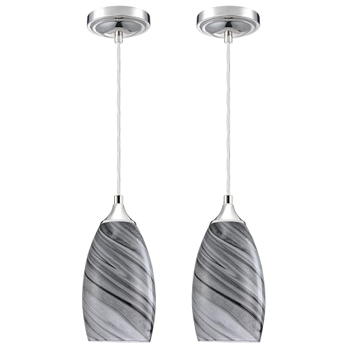 Leading Lighting Adjustable 2 Pack 1 Light Indoor Mini Hanging Kitchen Island Pendant Lamps Polished Nickel Finish Hand Blow Grey Glass Chandelier Shade Bar Dining Room Kitchen Island