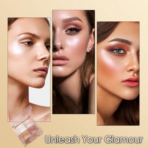 Highlighter Blusher Bronzer Contour 3-In-1 Makeup Palette, 4 Shades Shimmer Silver Gold Pink Face Highlighter Highly Pigmented Blendable Eyeshadow Eye Glitter Face Make-Up Palette for All Skin Tones - Image 3