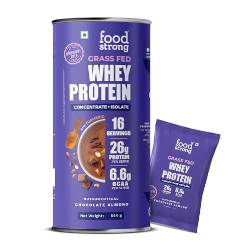 Foodstrong Whey Protein Powder (Concentrate + Isolate), 100% Hormone Free Grass-Fed Whey, 26G Protein & 6.6G BCAA, Chocolate Almond, With Turmeric & Digestive Enzymes, (16 Sachets), 544G