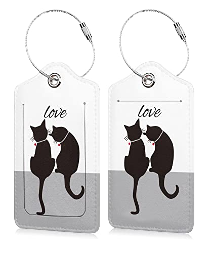 Image of Set of 2 Cat Luggage Tags for Suitcases Women Cute Leather Suitcases Tag with Stainless Steel Loop Privacy Cover ID Label Bubble Travel Bag Tags Luggage Identifiers for Women Men Travel