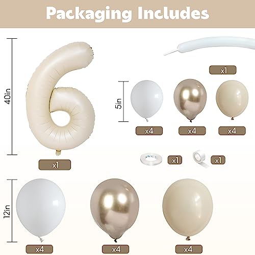 Image of 40 Inch Cream Number 6 Birthday Balloon Beige White Sand Number Six Foil Balloon Tower Giant Large Nude Neutral Digit Helium Balloons Stack Stand for Girls Boys 6th Anniversary Party Decorations