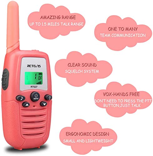 Retevis RT637 Walkie Talkies Niños, Juguetes Regalos de 6 a 12 Años,Linterna LCD, VOX Largo Alcance,Walkie-Talkie para Viajes Familiares,Vocación (Rosa, 2 Pieza)