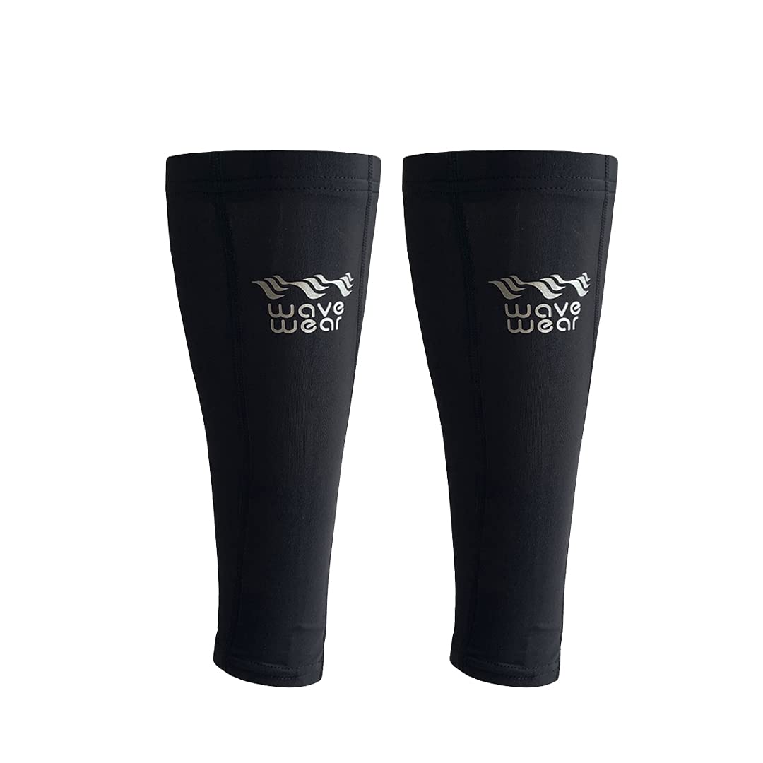 wavewear Calf Compression Sleeve with Built-in Kinesiology Tape - Support for Leg Swelling and Cramping during Workouts and Sports - for Men and Women (L, Black/Silver, 2)
