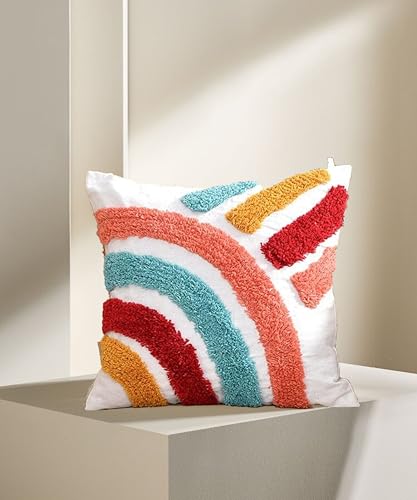 Image of Tarantaran Tufted Decorative Throw Pillow Cover, Blue and White Geometric Pattern with Tassels, 40.6 x 40.6 cm, Modern Square Pack of 2 (Rainbow)