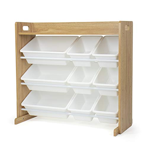 Humble Crew Toy Storage Organizer with Top Shelf and 9 Removable Bins, Natural/White – Toddler Bookshelf with Toy Organizer – Modern Toy Rack Ideal for Kids’ Rooms, Playrooms, and Nurseries