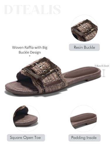 Image of Coutgo Womens Flat Sandals Raffia Slip On Slide Sandal Square Open Toe Buckle Summer Beach Shoes Flats