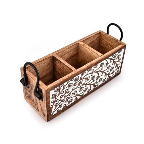 Indus Lifespace Besteckkästen aus Mangoholz, Organizer für Utensilien aus Holz, 3 Fächer, für die Küchentheke (27,9 x 10,2 x 11,4 cm)