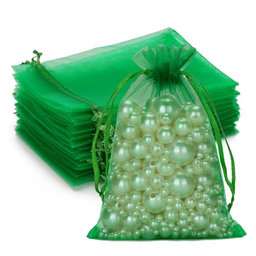 G2PLUS Organza Bags, 100PCS Green Organza Gift Bags, Jewelry Pouches Drawstring Bag 4x6, Sheer Mesh Bag for Candy, Jewelry, Treats, Fruits, Wedding, Christmas Party Favors (Dark Green)