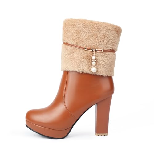 UTIKLIOU Women's Ankle Boots Platform Boots Side Zip Chunky Heel Booties with Fur Round Toe Leather Winter Boots for Women2