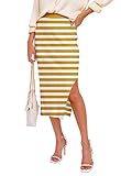 HERBATOMIA Women’s Knit Midi High Waist Skirt Stretchy Pencil Striped Ribbed Knit Split Side Mid Length Skirts for Women Orange-White