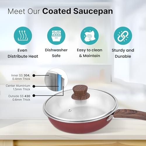 Image of The Better Home 2.5mm Triply Aluminium Coated Fry Pan (1.5L-22cm) with Glass Lid | Gas & Induction Fry Pan for Deep Frying (Red)