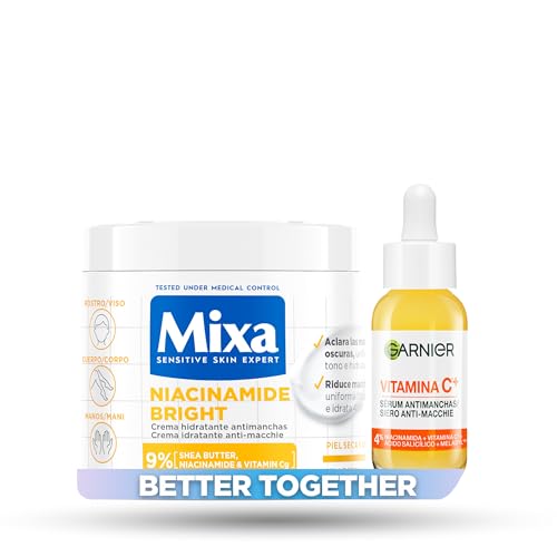 PACK ANTIMANCHAS: Garnier Sérum Facial Vitamina C Día + Mixa Crema Corporal Niacinamida – Reducir Manchas, Iluminar y Unificar Tono