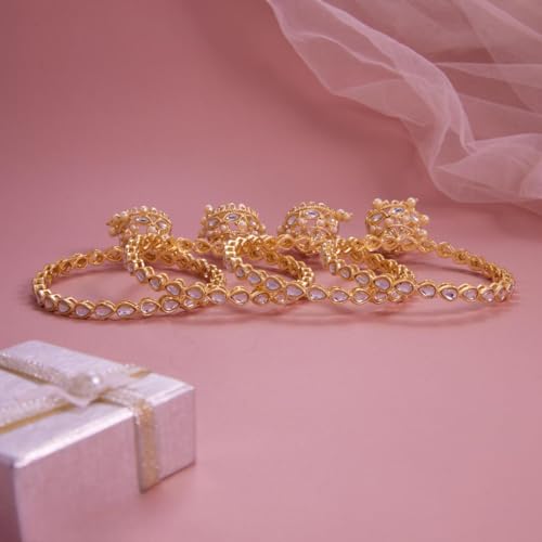 Image of Gold Plated Kundan Bangle Set for Women | Teardrop Stone Bangles with Pearl Beaded Latkan Charm Ethnic Wedding Jewellery | Bangle Set of 4 for Women & Girls