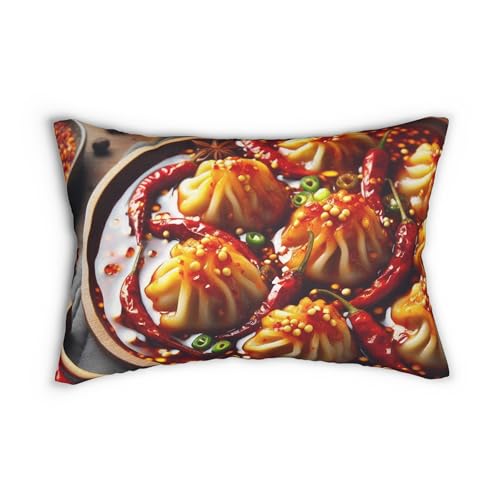 Szechuan Chili Oil Dumplings Spun Lumbar Pillow – Fiery, Numbing