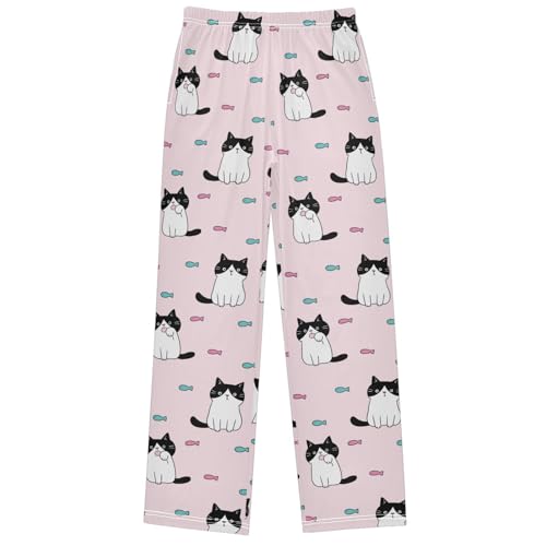 Boy's Lounge Pants Cartoon Cat Fish Light Pink Kids Jogger Pants Elastic Waist Long Bottoms with Pockets 6-14 Years