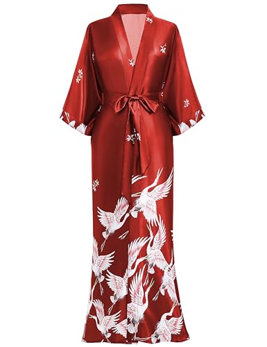 La Mejor Lista de Batas y kimonos para Mujer los 10 mejores. 42 PRODESIGN - Bata larga tipo kimono de satén para dormir, bata de baño, camisón sedoso, kimono, Rojo -, Talla única