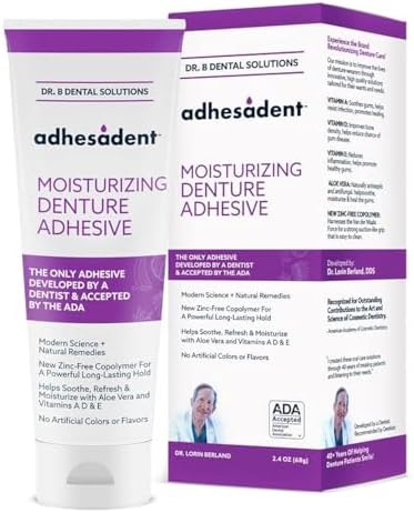 Dr. B Dental Solutions Adhesadent Moisturizing Denture Adhesive - Secure Denture Glue with Strong Grip & Natural Taste - Zinc-Free Dental Adhesive for Dentures, Overdentures - 2.4 oz (2 Pack)