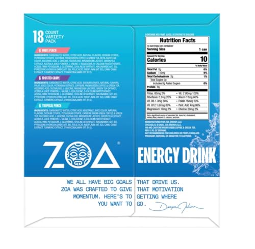 Image of ZOA Zero Sugar Energy Drink Variety Pack, Sugar Free with Electrolytes, Healthy Vitamin C, Amino Acids, Essential B-Vitamins, and Caffeine from Green Tea, 18 12 oz cans, White Peach, Tropical Punch, Frosted Grape