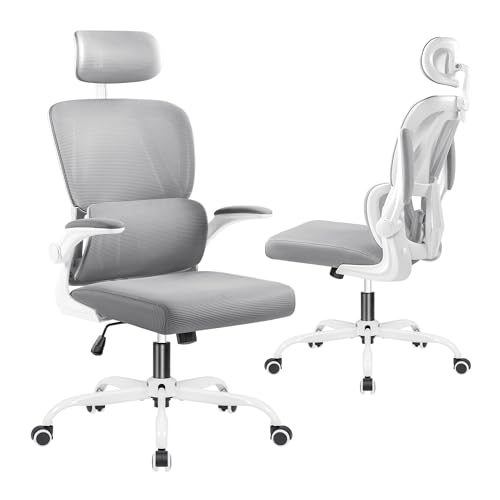 Image of JUMMICO Ergonomic Office Chair, High Back Desk Chair with Adjustable Headrest and Flip-Up Arms, Mesh Computer Chair with Lumbar Support, Gaming Chair, Swivel Task Chair for Home Office, White