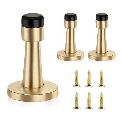 3 Pcs Door Stoppers for Skirtings, Wall Mounted Gold Door Stop with Anti-Collision Rubber Skirting Board for Wall Protector, Easy Installation, Reduce Noise for Hotel Home Office
