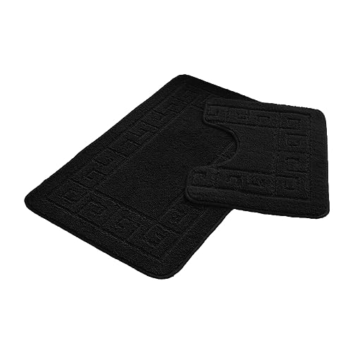 FAIRWAYUK Bathroom Mats Sets 2 Pieces, Ultra Plush Greek Pattern Bath Toilet Mat Anti Slip Pedestal Set, Extra Absorbent 100% Polypropylene Rug, Bathroom Accessory (Black)