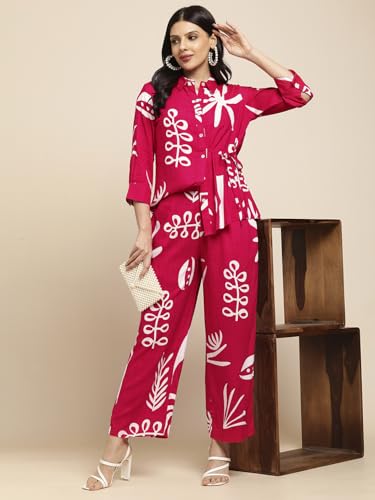 Image of RATAN Women's Rayon All Over Floral Printed Night Suit Shirt and Pajama Co-ord Set