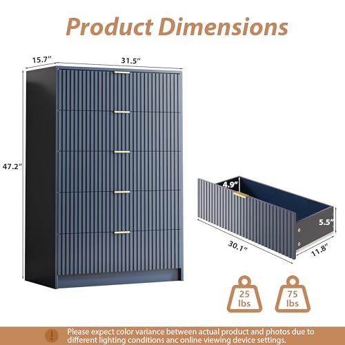 Image of MAISONARIA 5 Drawer Dresser for Bedroom, Tall Dresser Chest of Drawers with Gold Handles, 32 Inch Wide Nightstand with for Bedroom, Living Rooms, Offices, and Entryways, Navy Blue