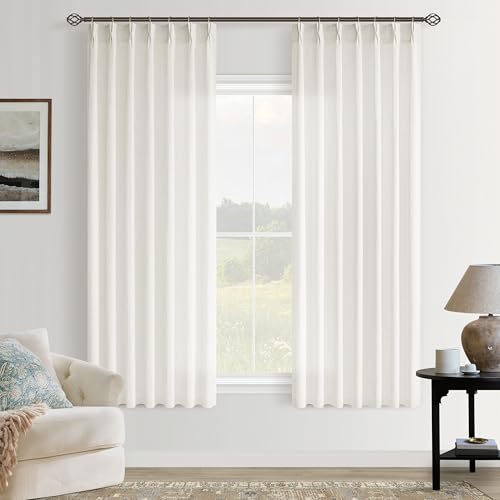 Image of Cream Semi Sheer Linen Pinch Pleated Curtains 63 Inch Long | Beige Ivory Neutral, Light-Filtering Semi Sheer, Bedroom, Faux Linen Textured, Hook Rings Memory Shape Pleat, Boho Modern
