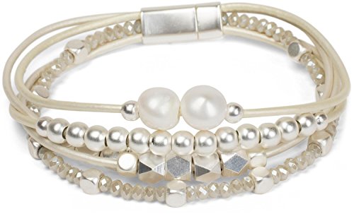 Preisvergleich Produktbild styleBREAKER Armband mit feinen Bändern, Perlen und Schmucksteine, Magnetverschluss, Armschmuck, Schmuck, Damen 05040134, Farbe:Creme-Beige
